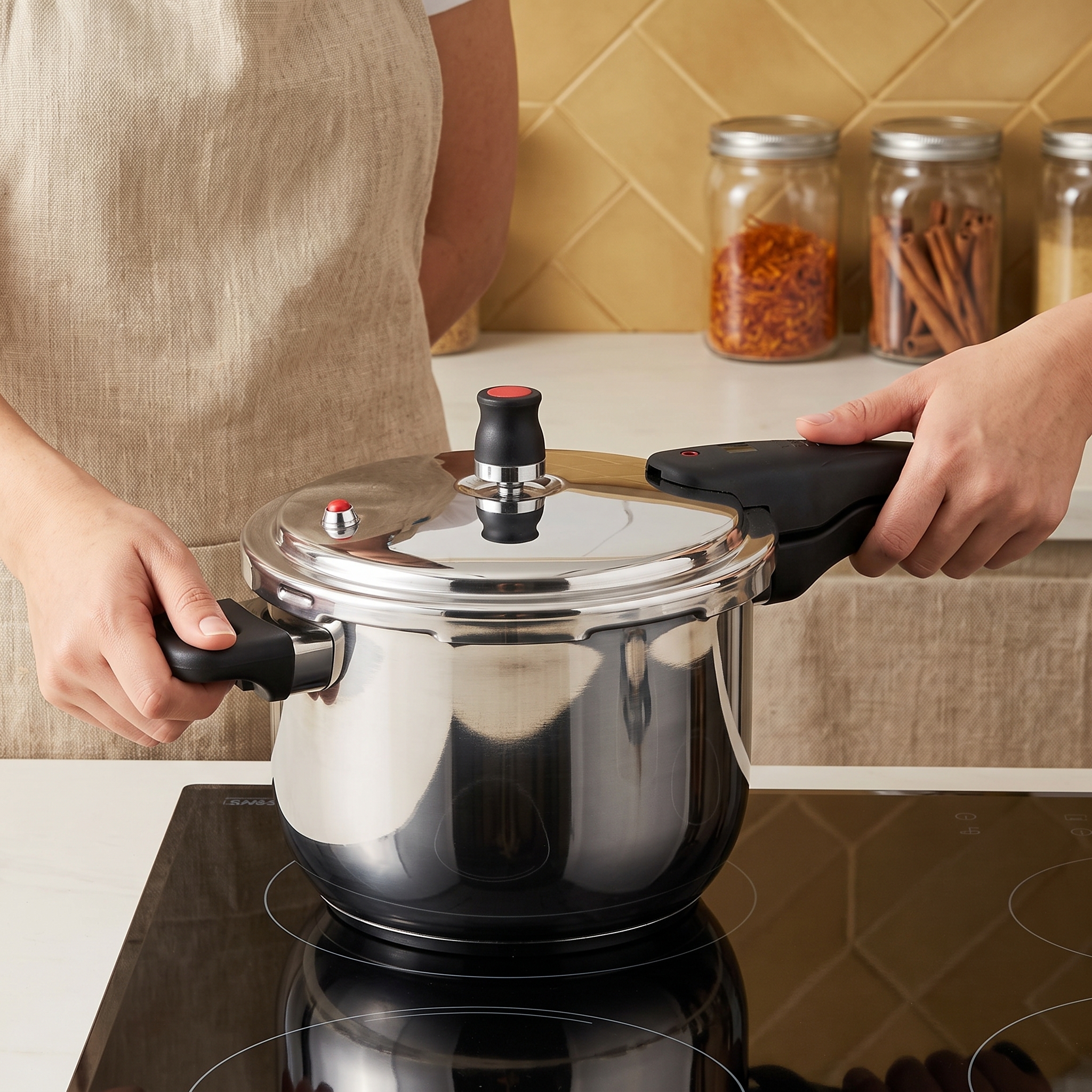 Hands locking the QL-6 pressure cooker lid onto an induction stovetop