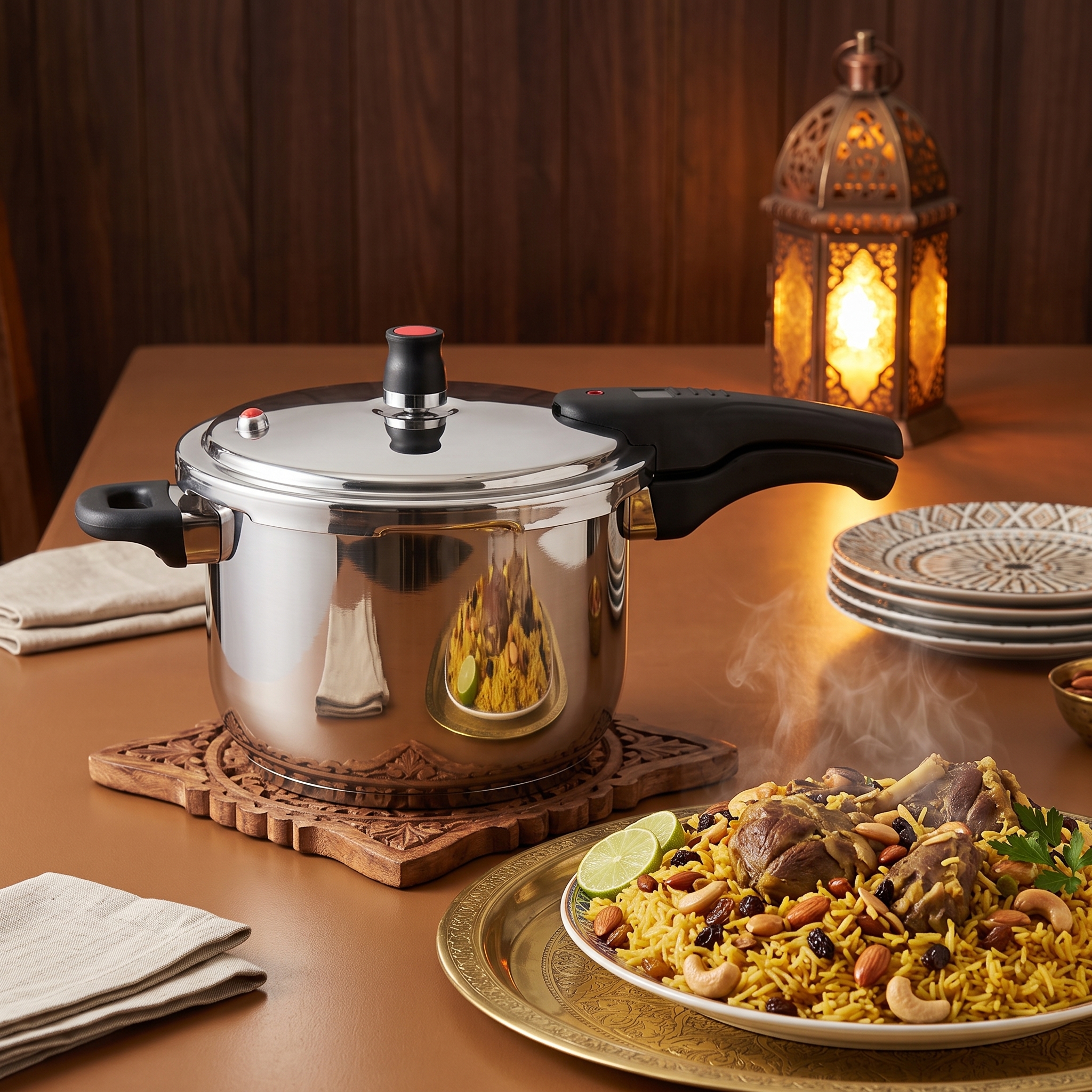 QL-6 pressure cooker with a platter of mandi rice and tender meat for a family feast