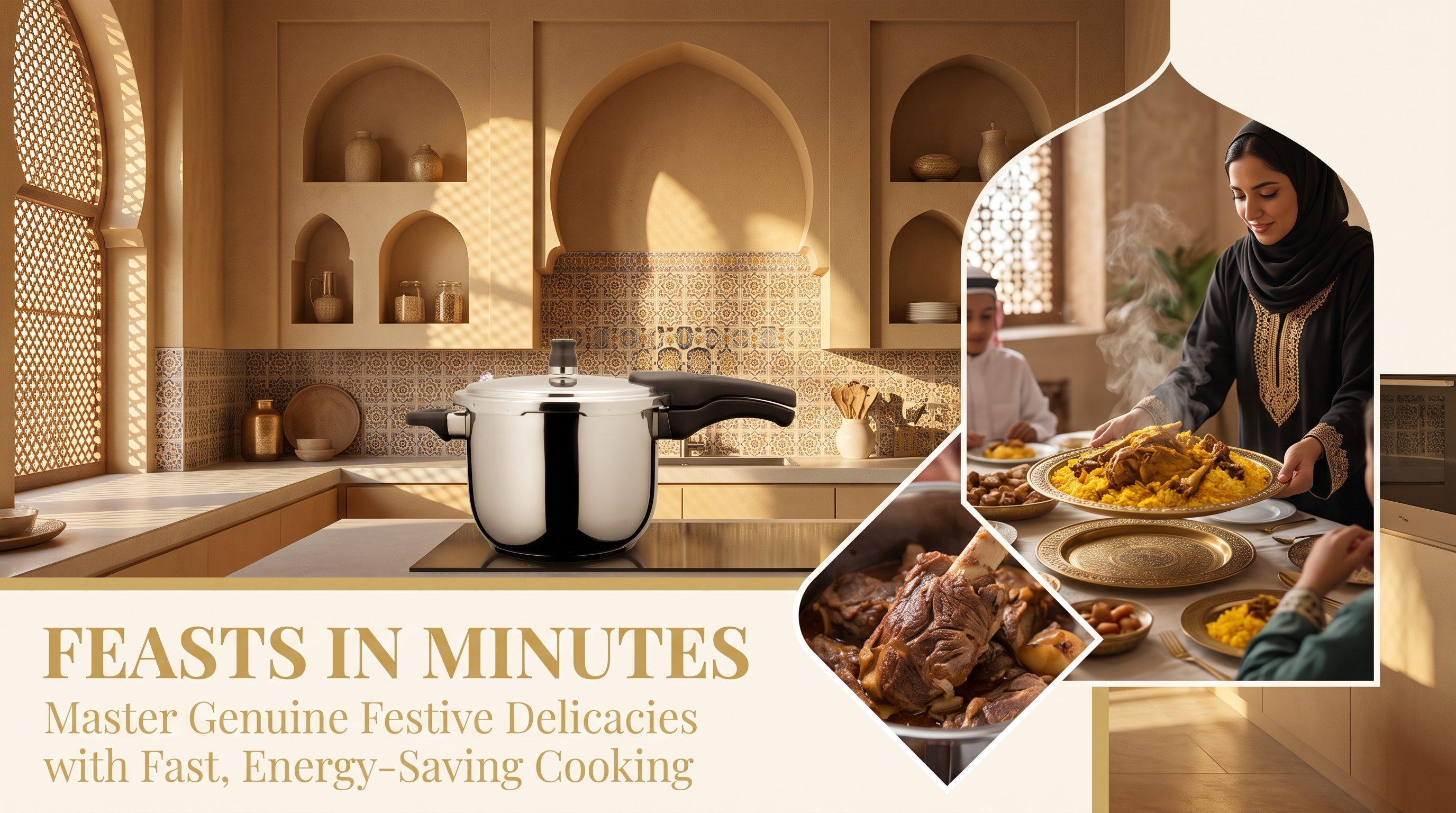 QL-6 304 stainless steel pressure cooker for feasts in minutes, Middle Eastern kitchen scene