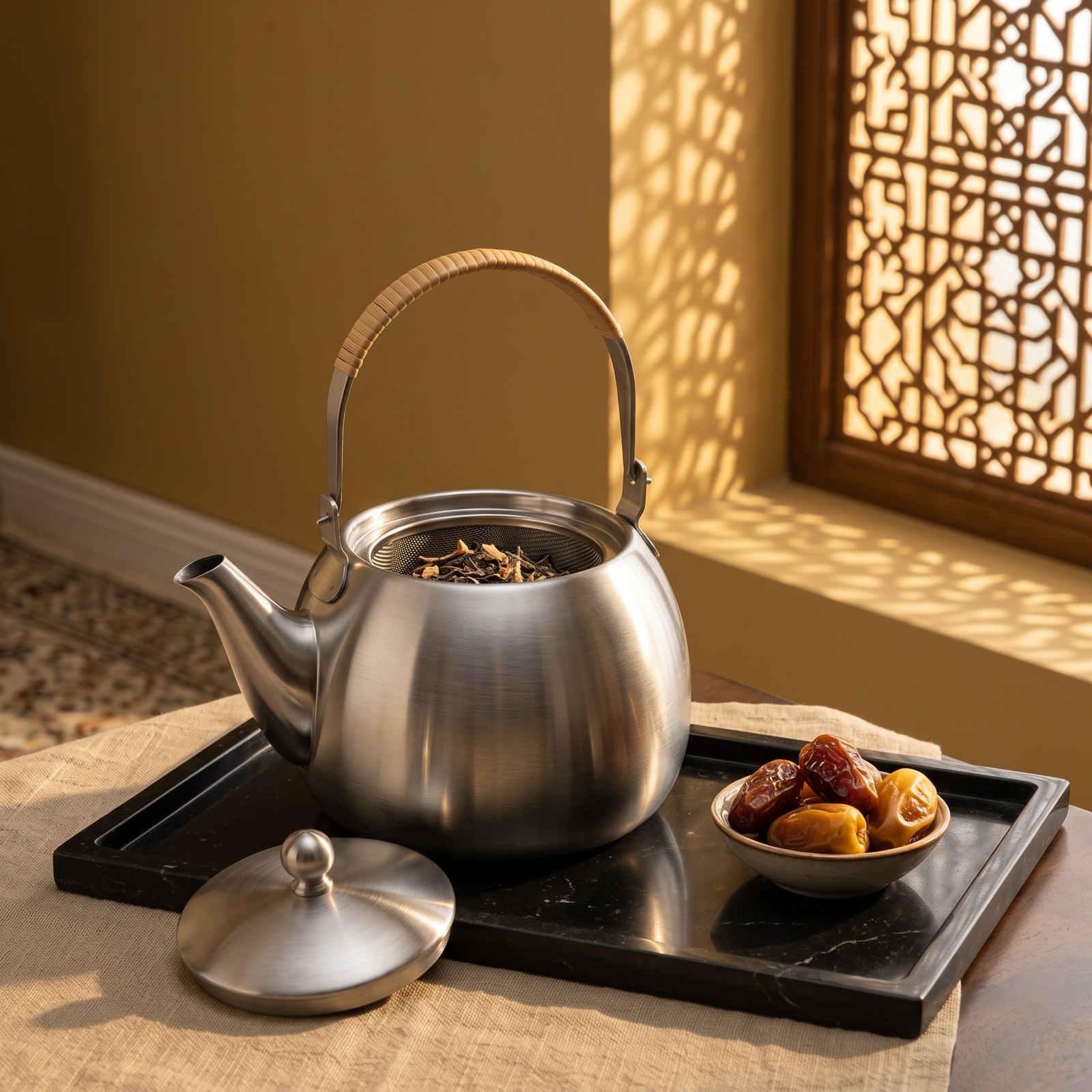Tetera NTB-500 con la tapa abierta que muestra el infusor de malla fina, servida con dátiles bajo una cálida luz de Oriente Medio