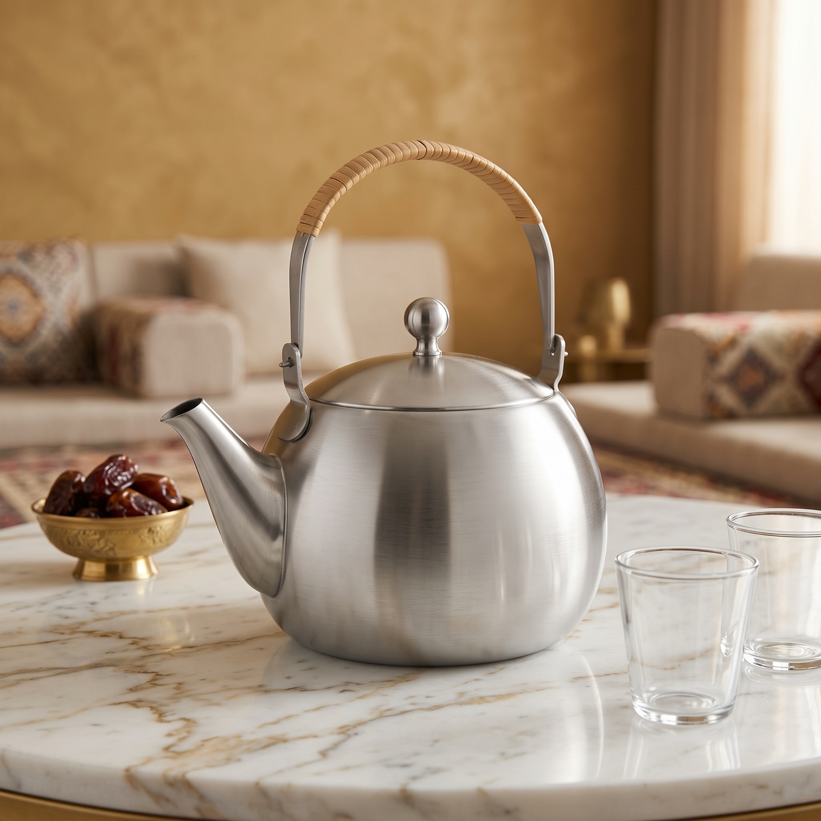 Tetera filtrante NTB-500 de acero inoxidable servida sobre una mesa de mármol con vasos de té