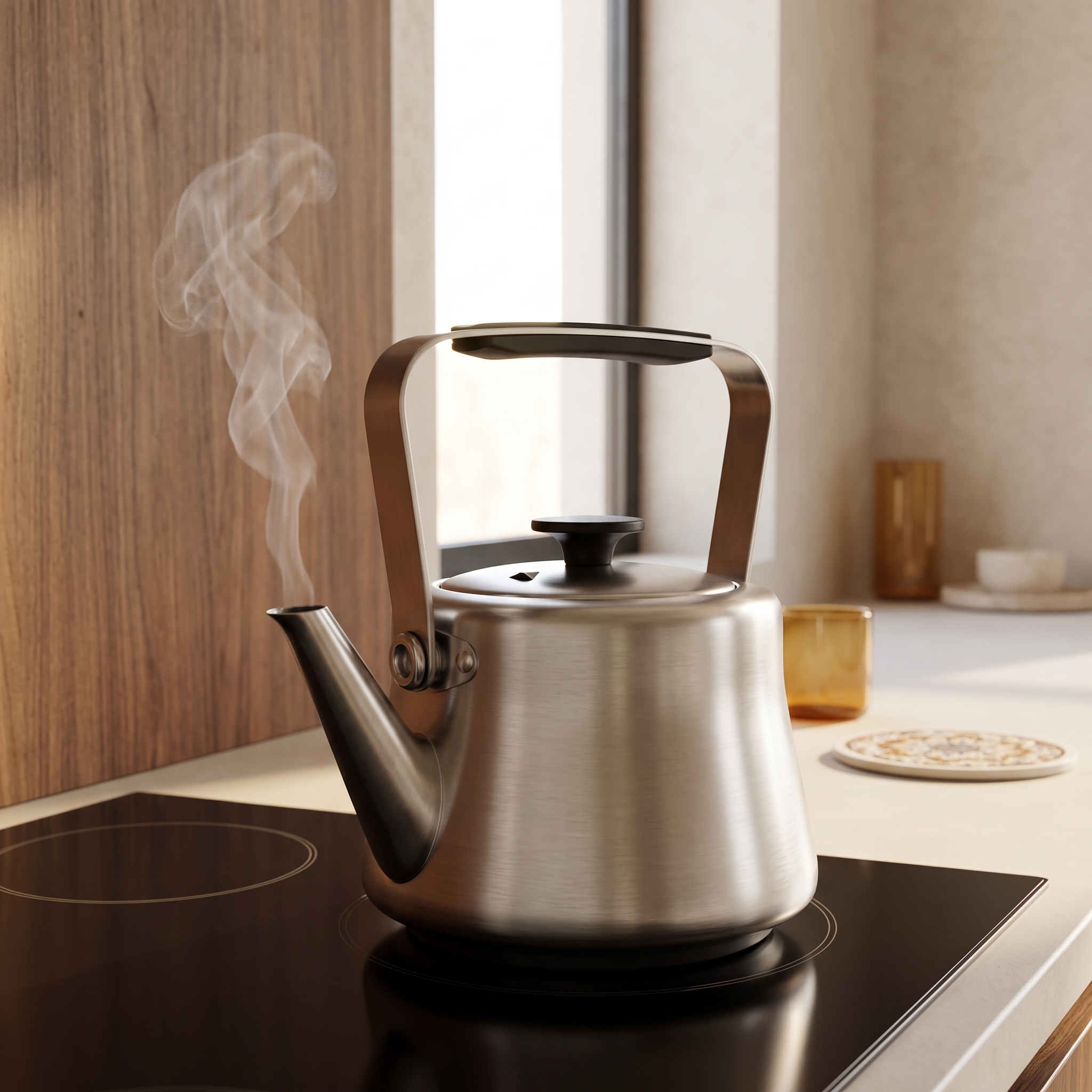 XZ stainless steel whistling tea kettle steaming on an induction cooktop